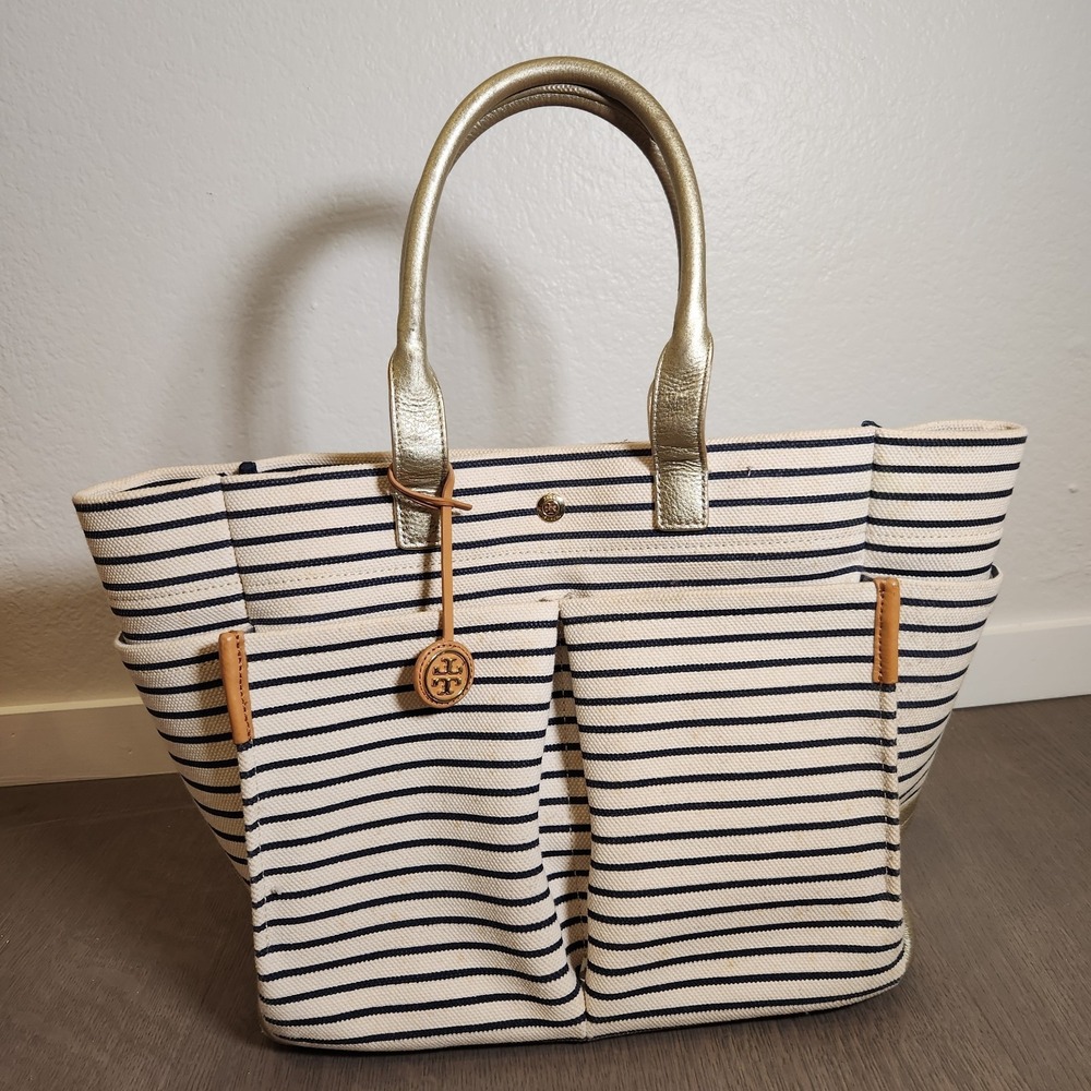 Tory Burch Striped Canvas Gold Metallic Leather Tote Bag Handbag Purse Nautical